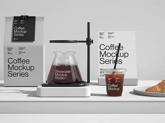 简约高级感咖啡店品牌VI杯子袋子包装贴图PSD样机