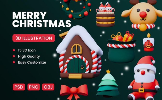 圣诞节元素3D图标套装多种文件格式