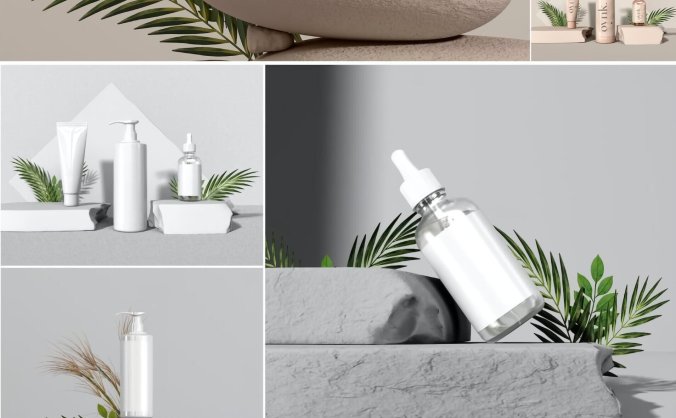 场景舞台立体化妆品瓶子品牌PSD样机模型