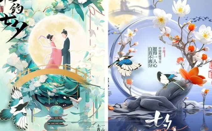 国风海报七夕节日插画素材PSD模板