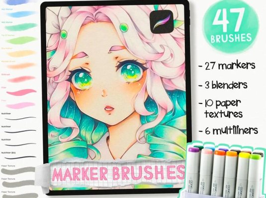 专业马克笔喷枪纸张纹理标记笔刷漫画绘画Procreate笔刷套装