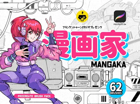 卡通黑白漫画水墨艺术插画Procreate笔刷