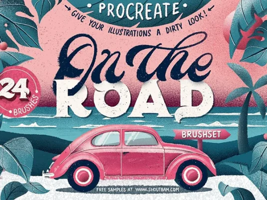 高质量颗粒压敏触感旅行风景插画Procreate笔刷