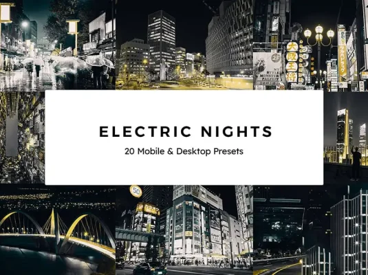 城市电流灯光夜景蓝黄色外观摄影调色LUT预设