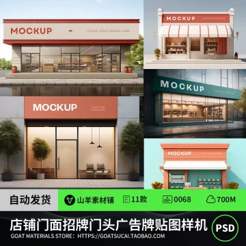 店铺商店商场门面招牌门头广告牌效果图展示PSD贴图样机设计素材