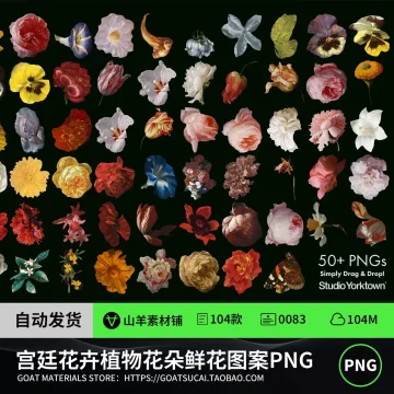 复古油画质感宫廷花卉植物花朵鲜花拼贴图案PNG免抠图片设计素材