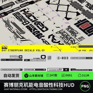赛博朋克未来科幻风抽象潮流机能电音酸性科技HUD图案PNG设计素材