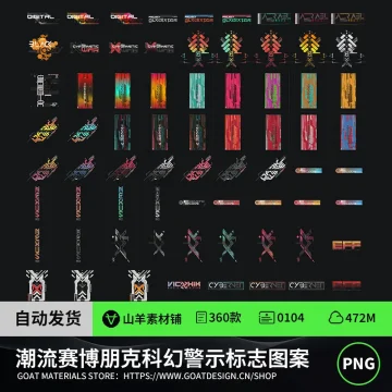 潮流赛博朋克未来科幻数字危险警示标志贴纸图案PNG免扣设计素材