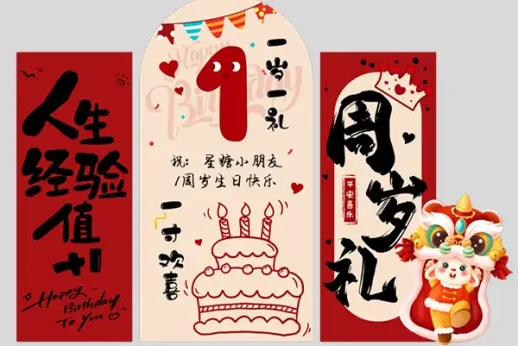 新中式周岁宴 KT 板素材｜国风生日背景墙设计